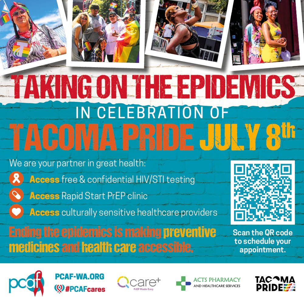 AIDSFoundation's tweet photo. @TacomaPrideFest PCAF, @getqcareplus &amp; Acts Pharmacy and Healthcare Services will provide access to #HIV &amp; #STI testing &amp; #PrEP services: street festival (9th and Pacific Avenue) or The Block Party (The Mix, 635 St Helens Ave.) Schedule your appointment: https://t.co/xBnDvI8a8D https://t.co/odQxfJFSGj