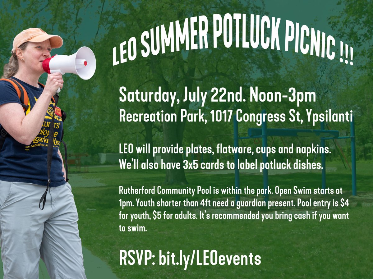 Invitation to all LEO & LEO-GLAM members and their families! LEO Summer Potluck Picnic Sat, July 22nd, noon-3pm @ Recreation Park, 1017 Congress St. in Ypsilanti. We'll bring the plates, cups, etc & you bring the food, drinks, & good times! RSVP here: bit.ly/LEOevents