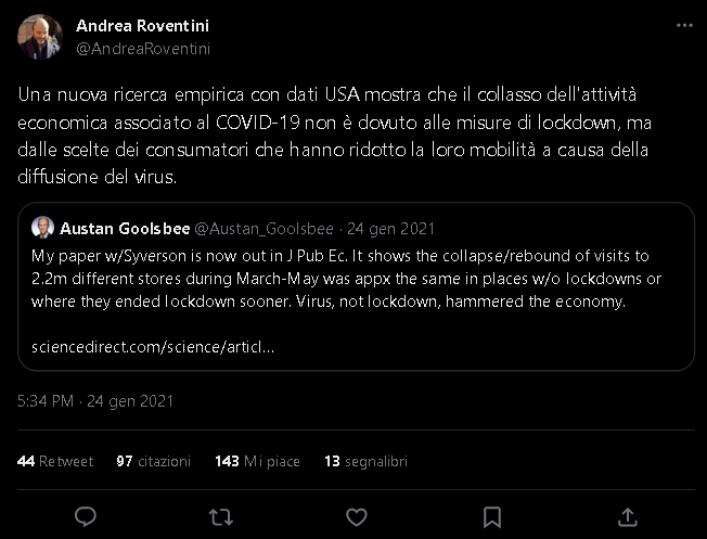 Io vorrei dire una cosa a tutti voi; e a te <a href="/StefanoFeltri/">Stefano Feltri</a> :
<a href="/AndreaRoventini/">Andrea Roventini</a> è sta roba qui; è un Professore di Economia che scriveva queste cose mentre io e tanti altri eravamo privi di ogni fonte di reddito perchè rispettosi delle ordinanze e quindi con l'attività chiusa

1\