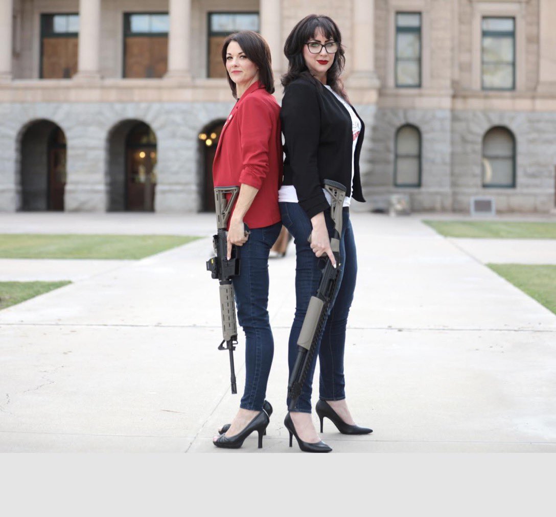 SchrinerKay's tweet photo. These are Arizona’s LD17 representatives in the state legislature, Rachel Jones and Justine Wadsack, playing to the base. Stilettos, Justine’s gun is loaded, in front of the state capitol.
These Marjorie Taylor Greene wannabes can be VOTED OUT IN 2024.
#TurnAZBlue https://t.co/uC4Zz1QkKJ