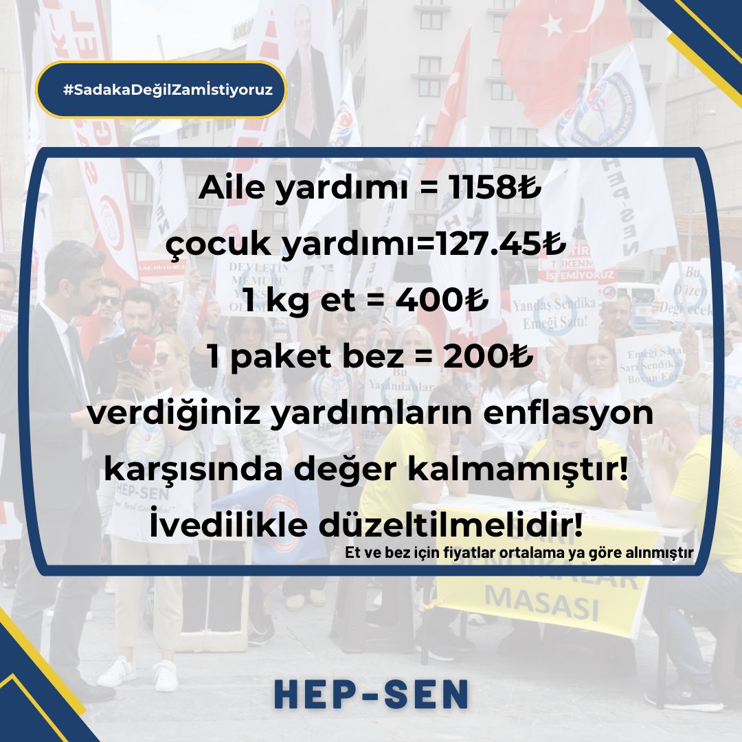 Aile yardımı = 1158₺
çocuk yardımı=127.45₺ 
1 kg et = 400₺ 
1 paket bez = 200₺

verdiğiniz yardımların enflasyon karşısında değer kalmamıştır! 
İvedilikle düzeltilmelidir! 

 #SadakaDeğilZamİstiyoruz