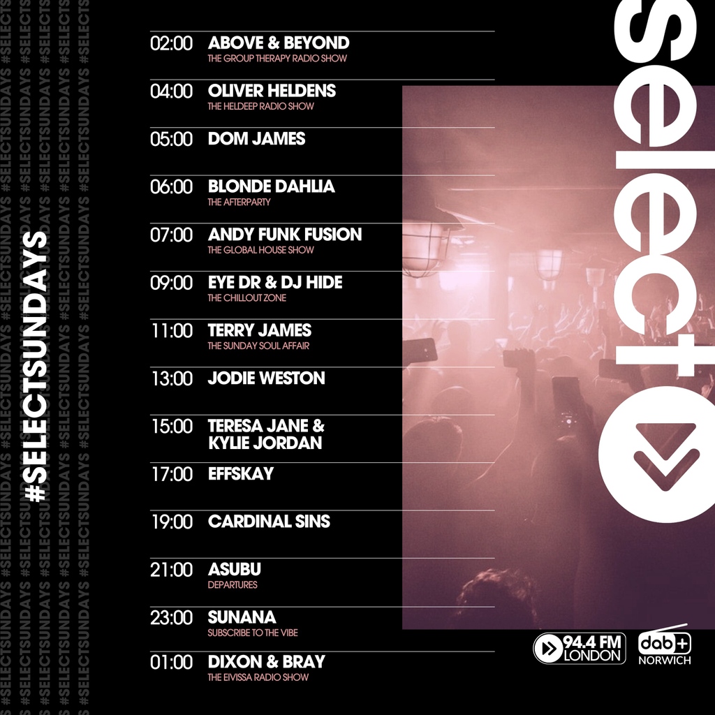 SelectRadioApp's tweet photo. Tune in tomorrow to #SelectSundays, the perfect closing party to your weekend! 🤩
⁠
📻 94.4FM London &amp; DAB+ London, Norwich &amp; Brighton⁠
👩‍💻https://t.co/QfM0uWBrTi ⁠
📱the SelectRadioApp (link in bio) ⁠
📲@tunein⁠
🖲 or simply ask Google or Alexa ‘Play Select Radio’ https://t.co/X9b0afGk1p
