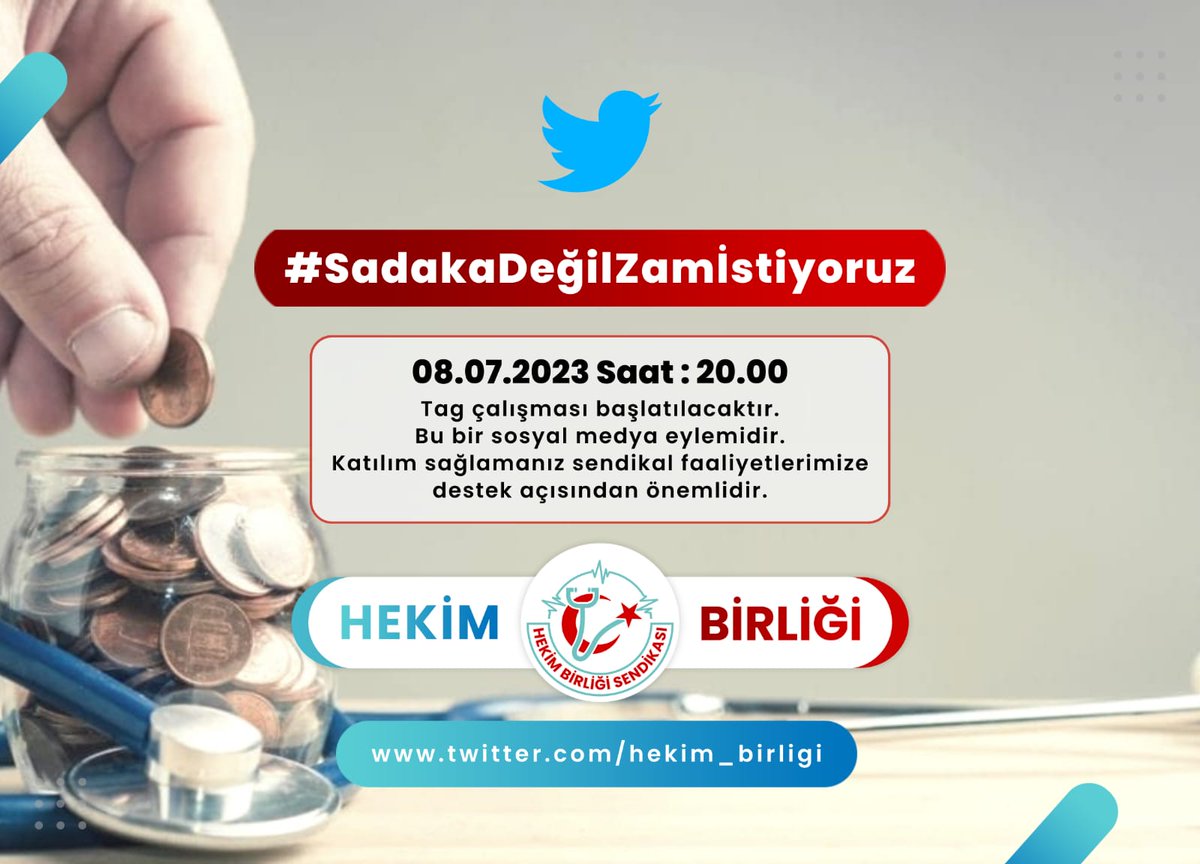 Hekimlere ve sağlık çalışanlarına reva görülen asgari ücretin altında kalmış  taban aylığı ile  yoksulluk sınırı altındaki geliri ve enflasyona ezilen maaşları kabul etmiyoruz. 
Hem çalışırken hem de emeklilikte insanca yaşamaya yetecek ücret istiyoruz. #SadakaDeğilZamİstiyoruz