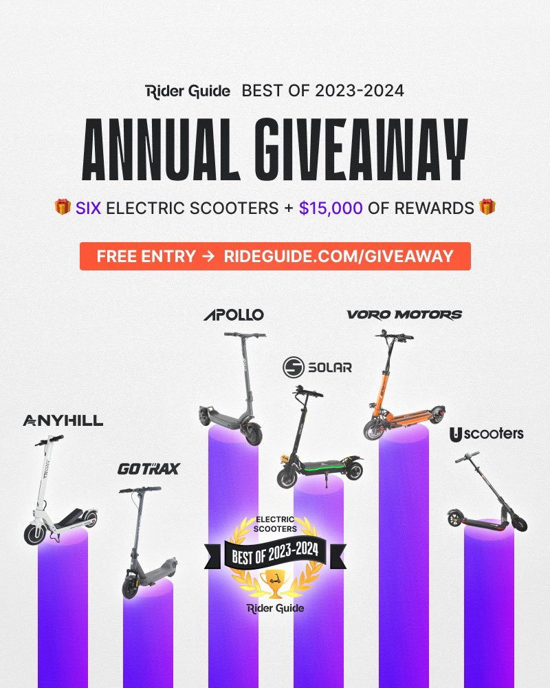 📣 Introducing the Best Electric Scooters of 2023 - 24! 🛴 To celebrate our winners, we've organized an epic giveaway, giving you the opportunity to experience the absolute best of the best! 

SIX chances to win a new scooter 🎁 - Enter at riderguide.com/giveaway