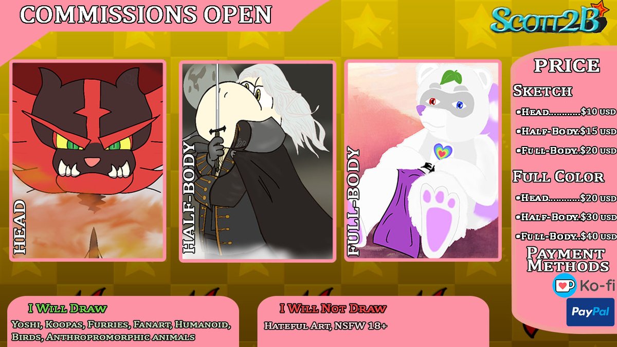 ScottTwoB's tweet image. I am officially opening commissions starting today. The number of total slots will be: 10
If you're interested, please send me a DM.