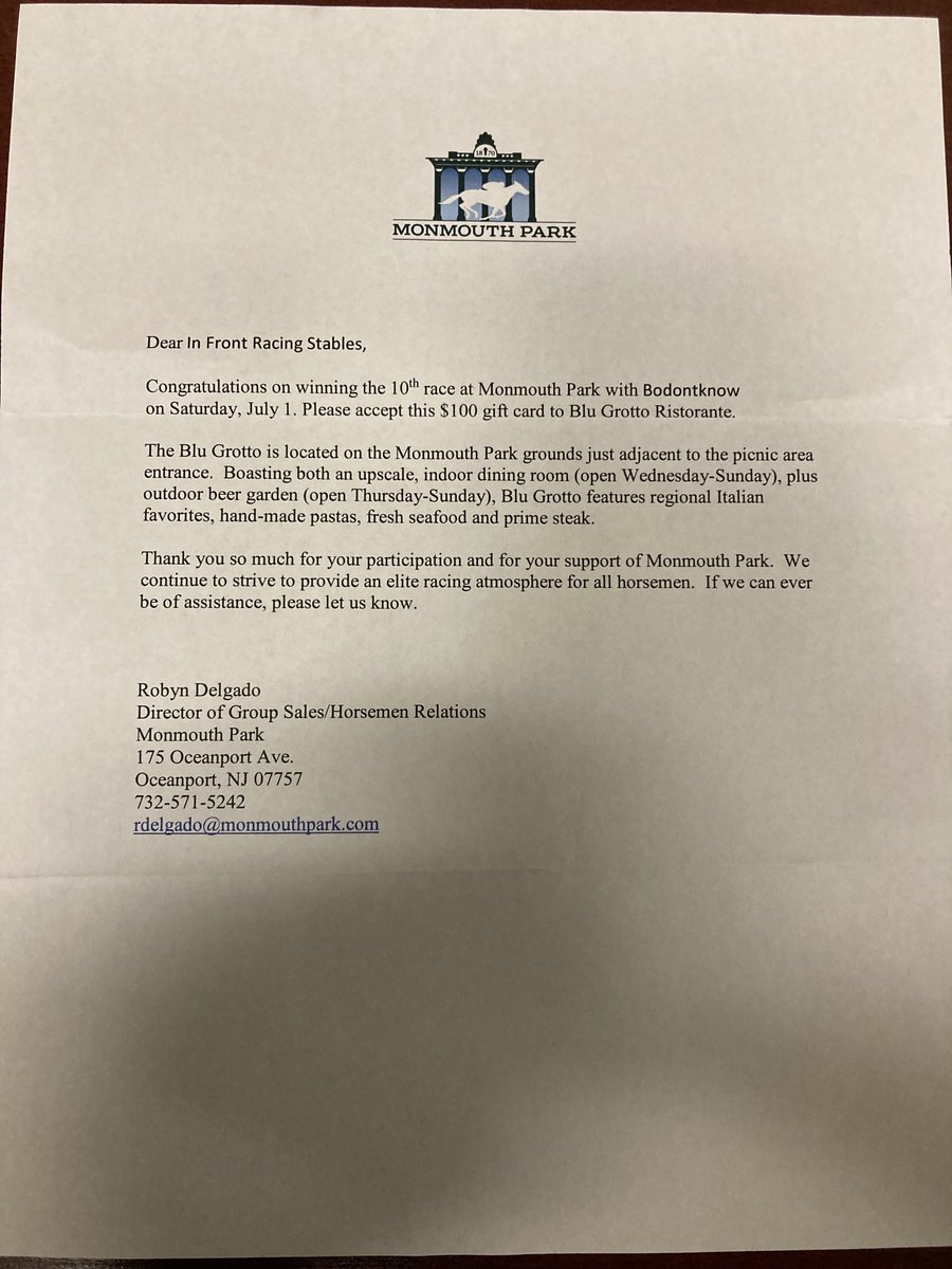 What a Classy thing to do by ⁦@MonmouthPark⁩   A congratulatory letter with $100 GiftCertificate for Blu Groto.