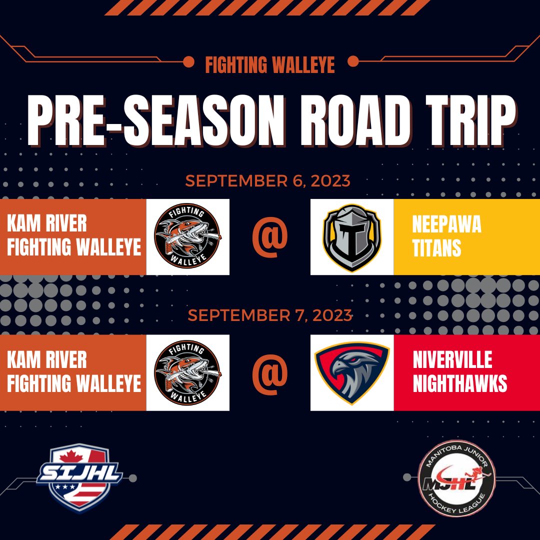 🚌 The Fighting Walleye will be travelling to Manitoba as part of our Main Training Camp/Pre-Season. 

Looking forward to games against teams <a href="/MJHLTitans/">Neepawa Titans</a> and Niverville Nighthawks! 

#RoadToRepeat