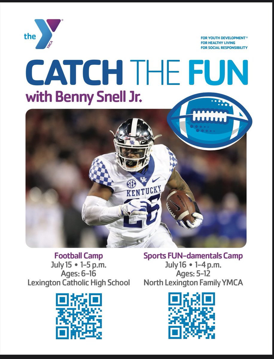 I am teaming up with @ymcaofcentralkentucky to host a two day kids camp in Lexington! Boys and girls are welcome. Scan the QR code for registration and details on the camp days. COME CATCH THE FUN!! #Snellyeah #bbn do your thing