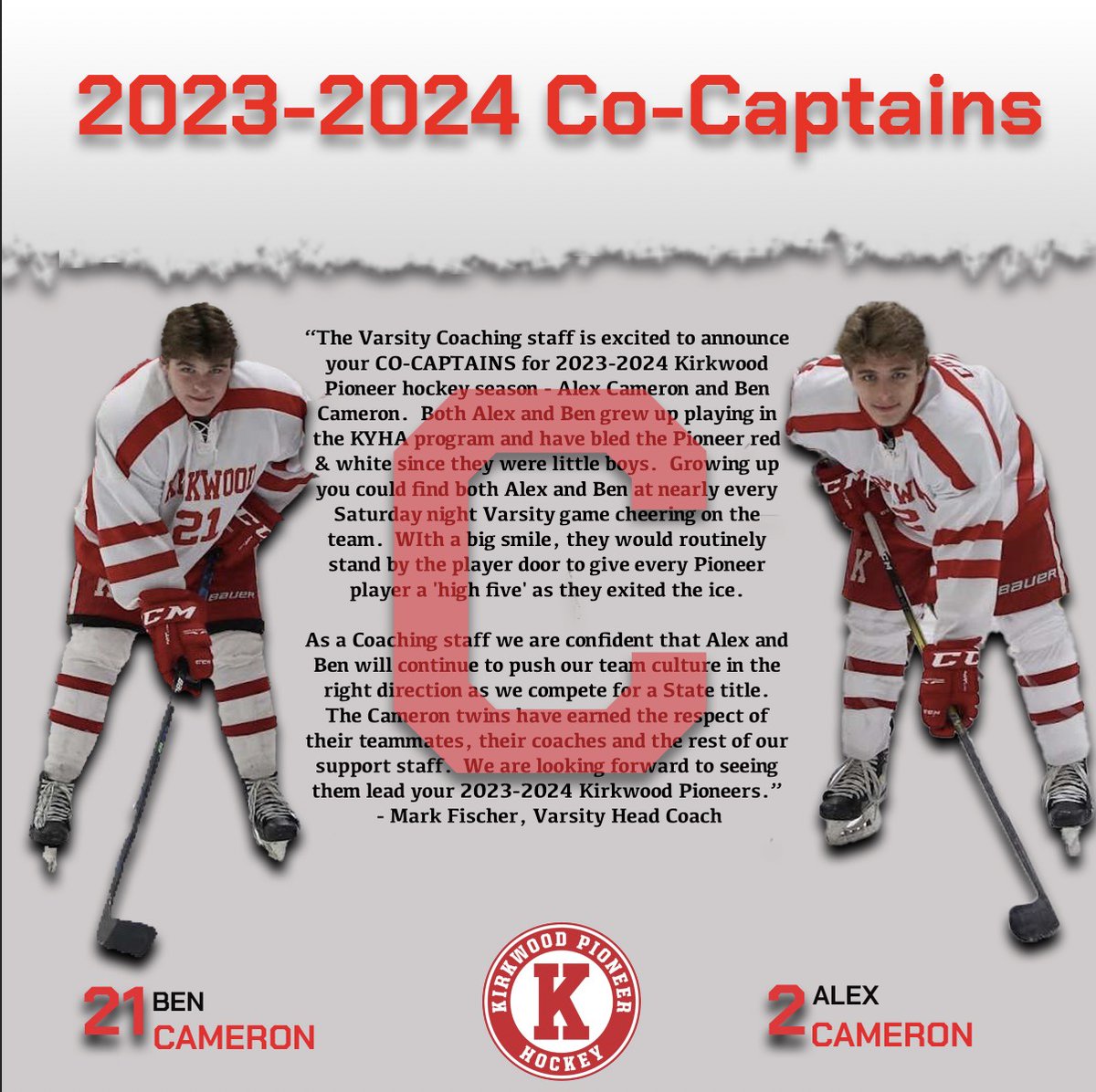 Congrats to Alex &amp; Ben being named Co-Captains for the upcoming season! Roll Neers!!