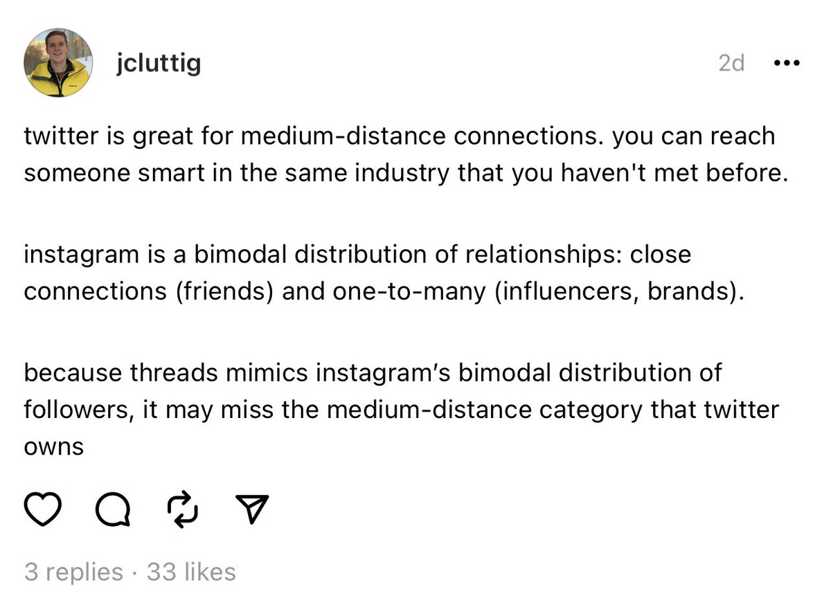 blakeir's tweet photo. @chetanp Agreed. This feels like a pretty accurate assessment of Twitter vs. Threads. https://t.co/tgKGnrvvQh
