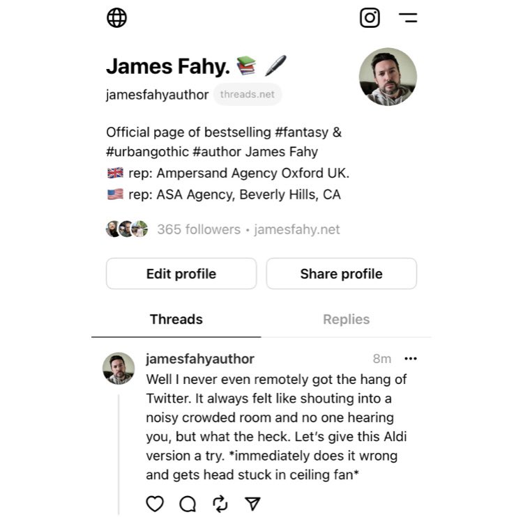 I did the thing. Am on Threads (because Twitter has never made much sense to me from the start).
. 
No idea how any of it works yet, but if you’re on there, come and follow me and I’ll follow you back ❤️👍🏻.
.
.
#threads #booktok #bookworm #writer #writerslife #jamesfahy