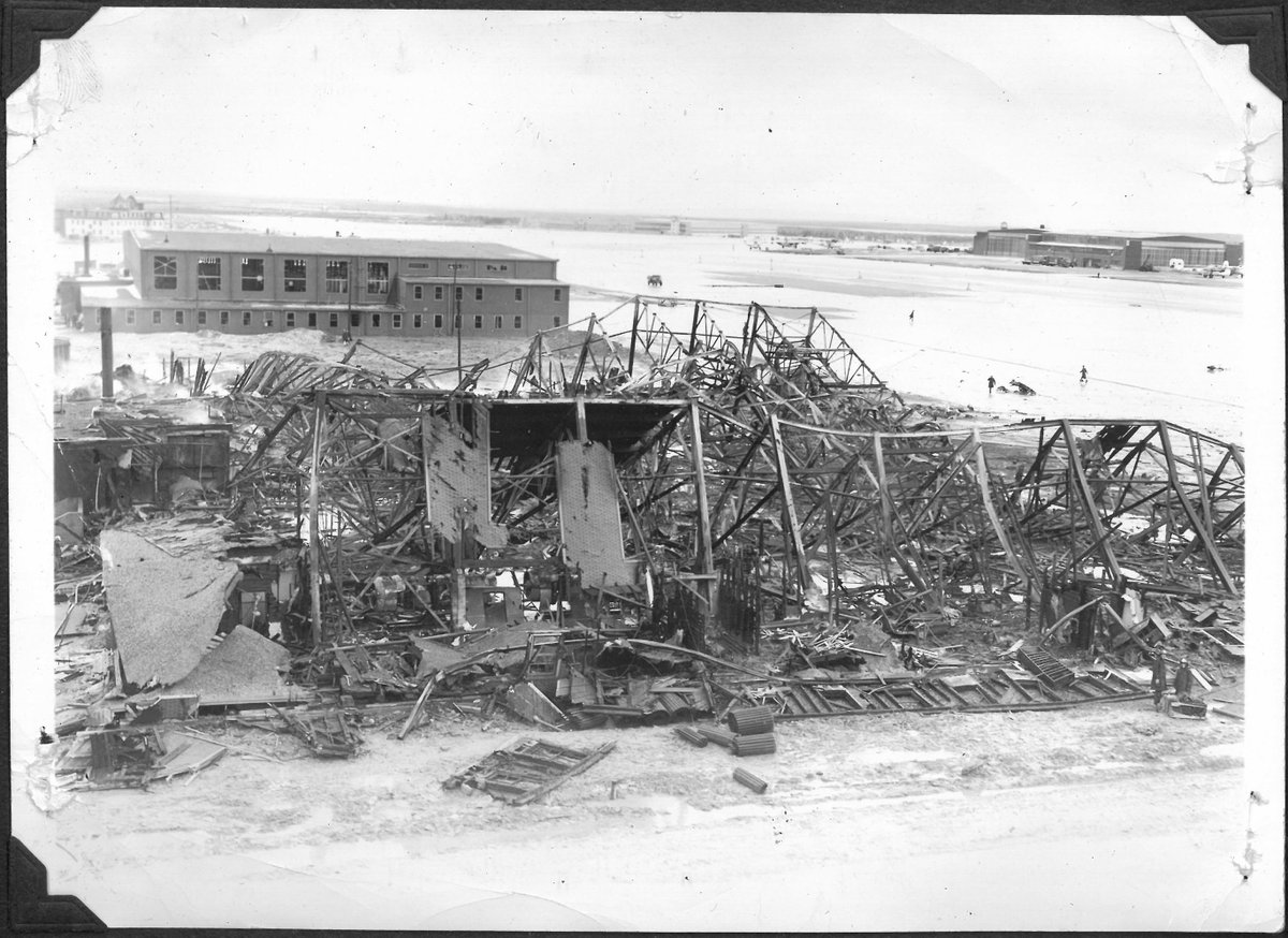 RCAFinfo's tweet photo. The aftermath of 4 June 1944, Hangar Fire, RCAF Station Gander, Newfoundland. Fire destroyed 4 B-24 Liberators. #rcaf_history (Source: These photo are from a donated photo album in the 1 Canadian Air Division Historical Collection, Winnipeg, Manitoba.) https://t.co/tZtj7zFDMo