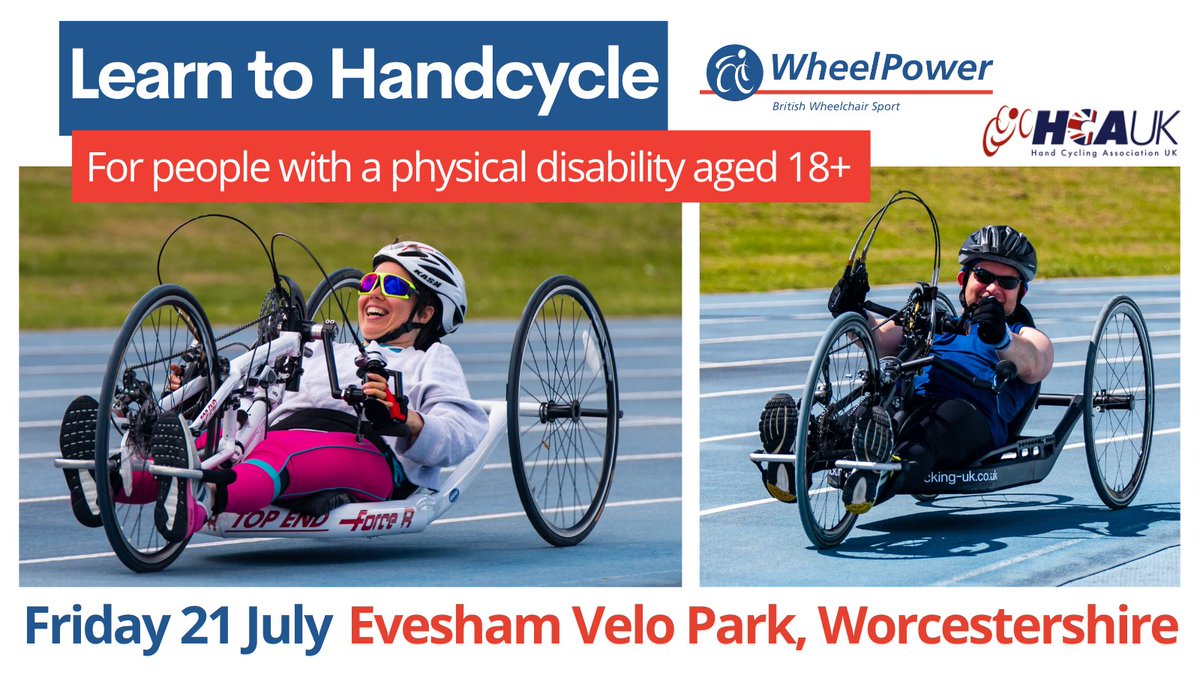 Learn to Handcycle with WheelPower this Summer! Join us on Friday 21 July at <a href="/EveshamVeloPark/">Evesham Velo Park</a> in Worcestershire for a FREE taster day suitable for complete beginners, or those looking to have another go. Places are limited so BOOK soon wheelpower.org.uk/activities/lea… #Handcycling