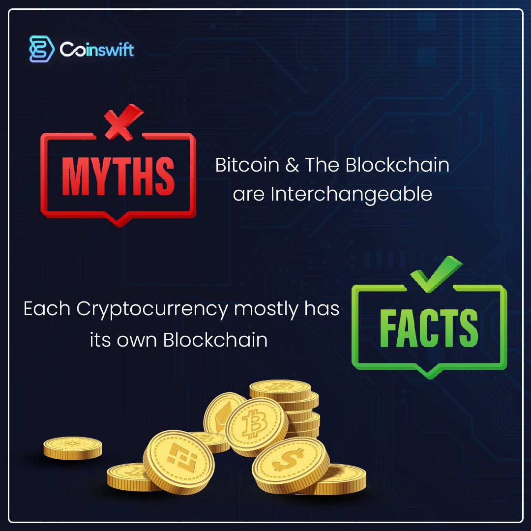 Busting the common myth and sharing the fact- To understand the distinction between Bitcoin and Blockchain follow Coinswift Exchange. 
.
.
.
#coinswift #coinswiftexchange #mythsandfacts #crypto #debunkingmyths #cryptocurrency #invest #trade #blockchain #bitcoin #difference