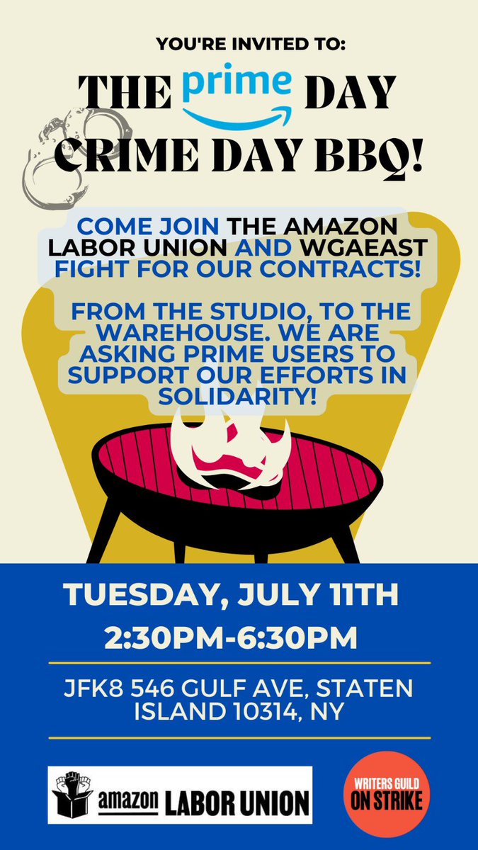 Shut_downAmazon's tweet photo. As Prime day approaches this year for Amazon we’re coming together in a historical fashion from the Studios to the Warehouse. As companies like Amazon refuse to negotiate contracts with its workers for better pay and working conditions we’re asking ALL Prime users to support our efforts by supporting or donating to our efforts! Show up for workers struggles as we call Amazon out for the crimes it’s continuing to continue by not listening to its workforce!

#ALU #WGA #solidarity #Hotlaborsummer 🔥✊🏽