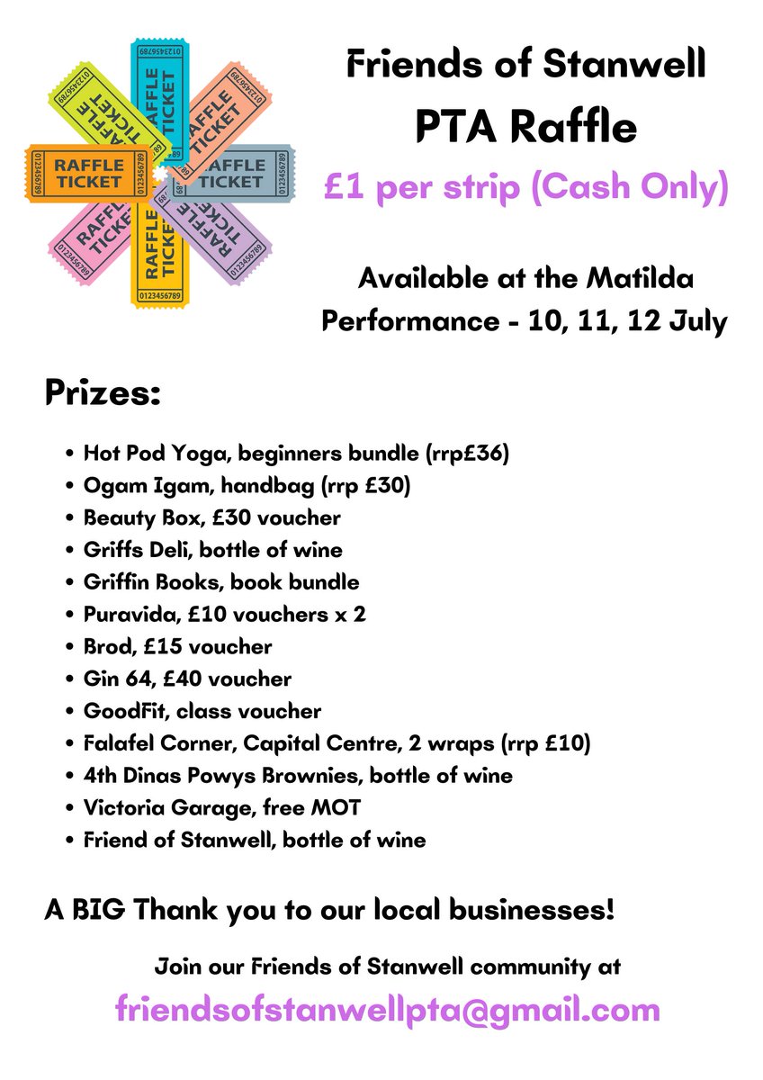 Great <a href="/StanwellSchool/">Stanwell_School</a> #raffle poster 
designed by Floyd in Y7 🏆💥! 

We will add UmpaLumpa <a href="/PenarthSweets/">PenarthSweetShop</a> to the poster too 😀

Thanks to local #Penarth businesses for generous listed below 👇👇👇