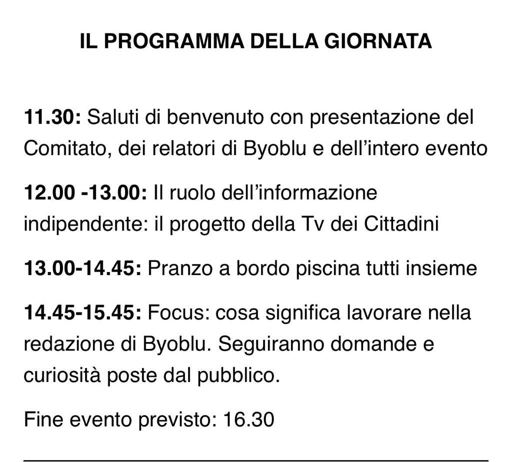 A #Torino #PRANZO con #BYOBLU‼️

#Domani #domenica #9luglio 2023 tutti invitati al #Villasport (Corso Savona, 60 a #Villastellone TO) a un incontro con @Byoblu, 'la #TV dei cittadini', organizzato  dal Coordinamento Piemonte per i Diritti Umani APS (#CoPiDU).
Costo 35 €/persona.