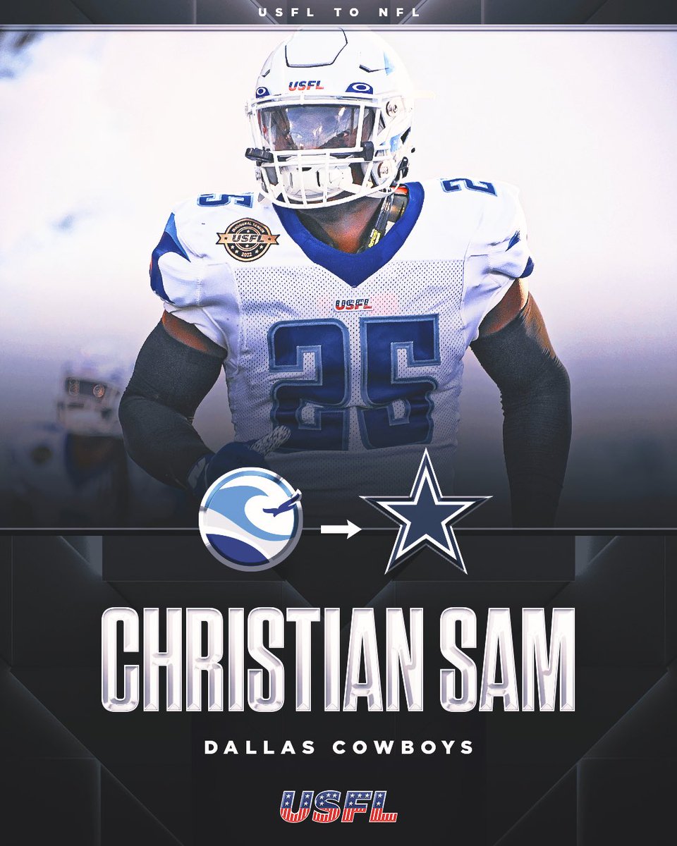 BrandonUFM's tweet image. OTD in modern USFL history we saw the first USFL➡️NFL signing with Christian Sam joining the Dallas Cowboys. 

This year we saw our first USFL ➡️ NFL signing just two days after the USFL championship game! 

#USFLNetwork #Throwback 
(Graphic via @USFL)