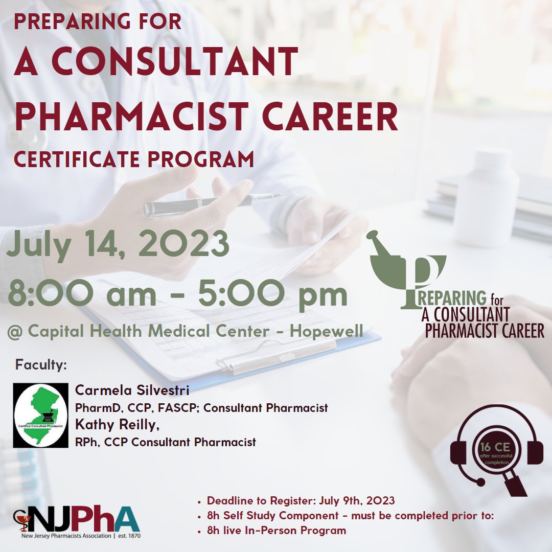 ☝️Registration closes tomorrow!☝️ @jointboardccp and @NJPhA are offering: Preparing for A Consultant Pharmacist Career Certificate Program on July, 14 2023. For full details and registration please follow the link: conta.cc/3oU7aLB #njpharmacists