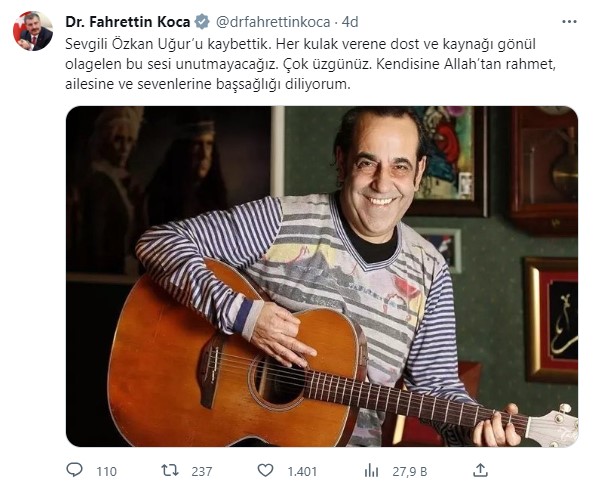 EHA MEDYA on Twitter: "#SONDAKİKA Özkan Uğur hayatını kaybetti ▫Sağlık Bakanı Fahrettin Koca, sanatçı Özkan Uğur'un hayatını kaybettiğini duyurdu. https://t.co/RVxNmqIDsd" / Twitter
