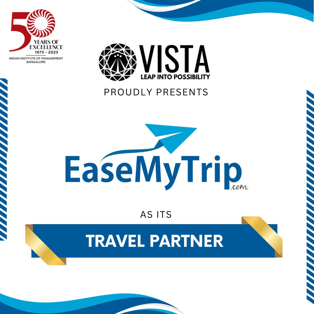 🎉Vista 2023 is proud to announce EaseMyTrip as our official Travel Partner! ✈️✨ Embark on an extraordinary journey with us, and let <a href="/EaseMyTrip/">EaseMyTrip.com</a> make your Vista 2023 experience seamless and unforgettable. Stay tuned for updates!
 #Vista2023 #EaseMyTrip #TravelPartner