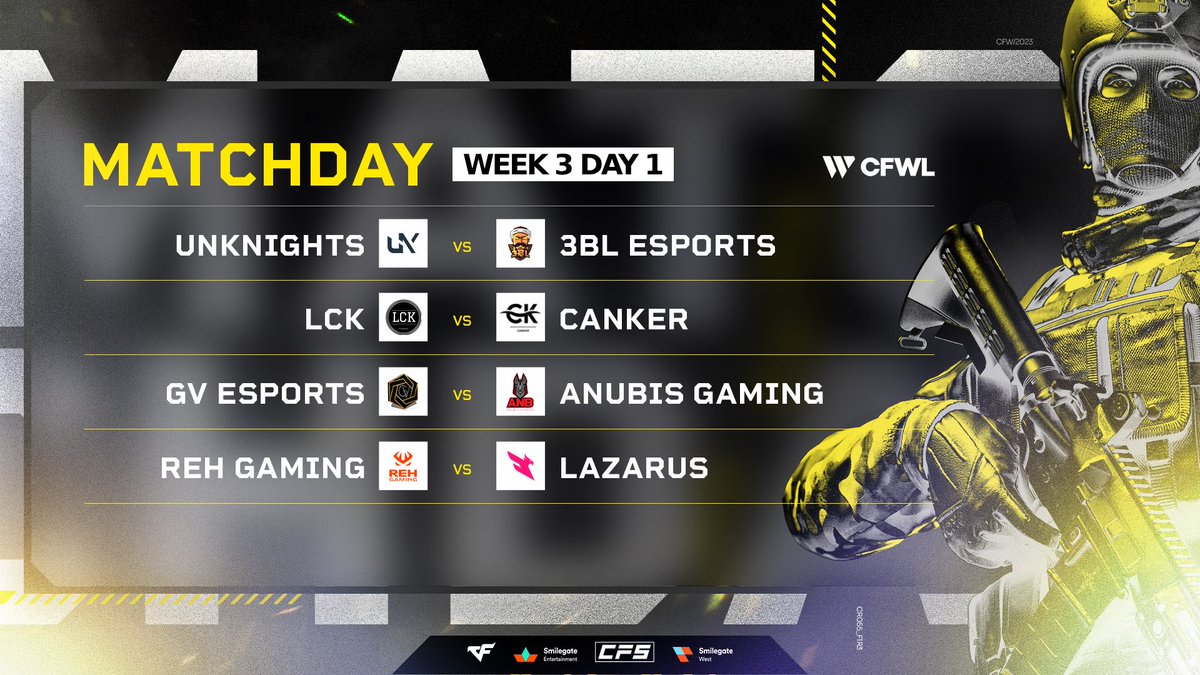 Esports_CF's tweet photo. They say third time's the charm.
That's why this third week of competition brings some epic matchups:
#unKnights vs #3BLEsports
#LCK vs #CANKER
#GVESPORTS vs #AnubisGaming
#REHGaming vs #Lazarus
Tune in at 10am EST!
https://t.co/OpNY3eQDMr | #CFWL https://t.co/ZZdmDnl58N