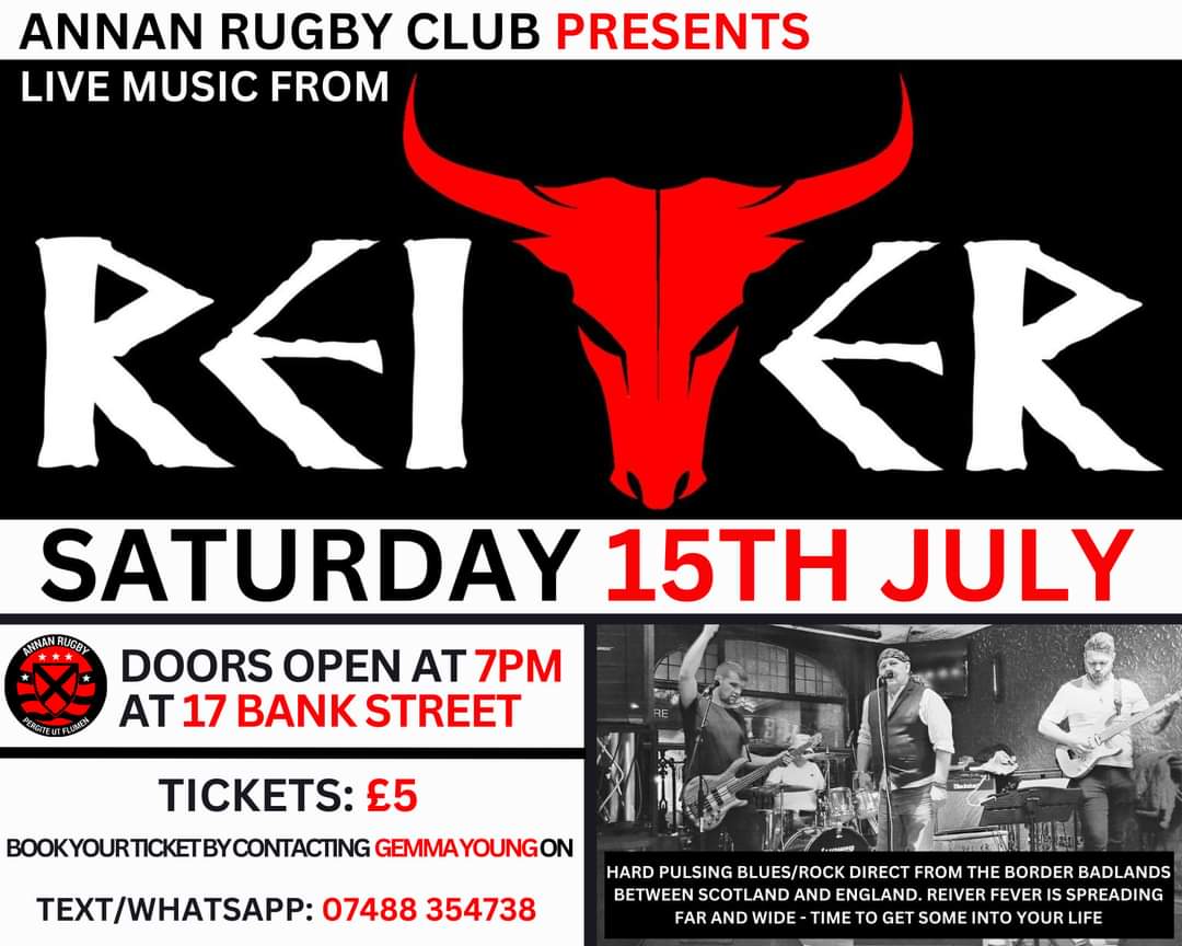 AnnanRugby's tweet photo. REIVER AT THE RUGBY CLUB

Just 7 days until Reiver are live at the Rugby Club

Saturday 15th July. Doors open from 7pm

If you are planning to attend, please contact Gemma as soon as possible. 

To book your Ticket (£5), please Text/WhatsApp Gemma Young on 07488 354738 https://t.co/KaZgwbxLNN