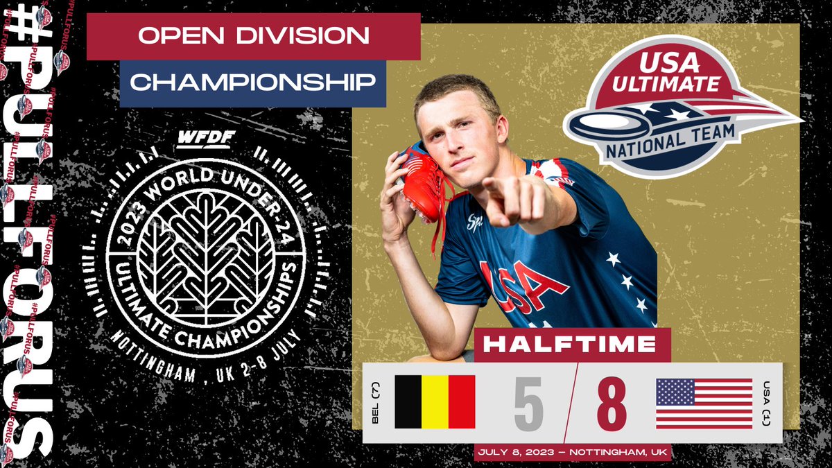 USAUltimate's tweet photo. Team USA takes half in the men’s division finals. 🇺🇸

#PullForUS | @WorldFlyingDisc https://t.co/yC4VQstZZk