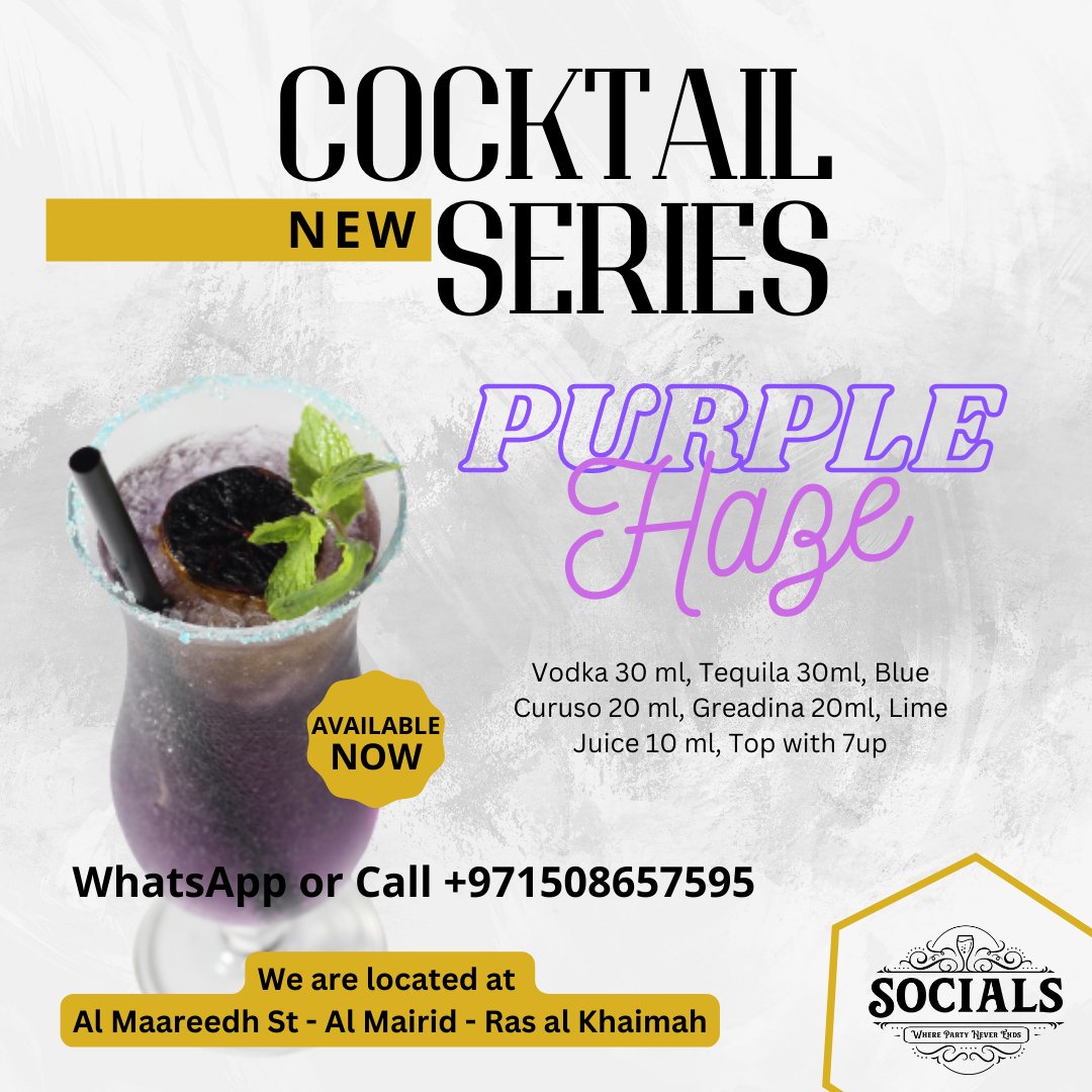💜✨ Experience the enchantment of the Purple Haze cocktail at Socials! 💫🍹

#PurpleHaze #CocktailDelights #MixologyMagic #SocialsRestaurant #Cheers