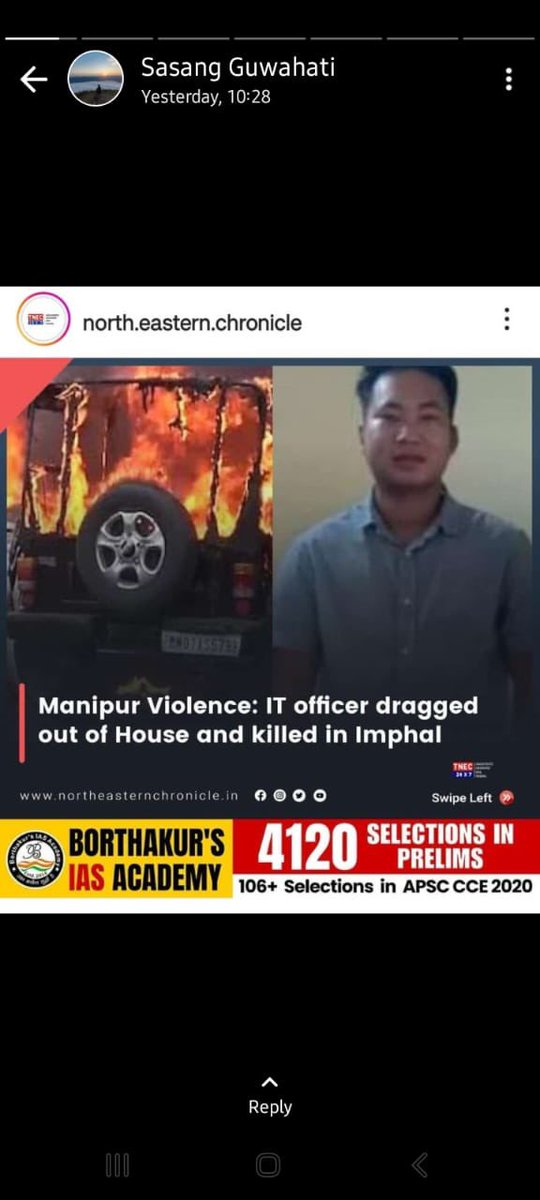 A tax assistant,Mr. Letminthang Haokip was dragged out of his house and ki***d by meitei militants during the onset of the violence. 
He didn’t provoke them. He didn’t retaliate. He wasn’t their enemy. But he was a kuki-zo. That was enough for the meitei extremist groups.

A…