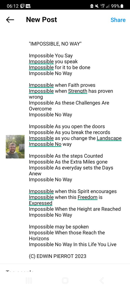 edwinpierrot13's tweet photo. "IMPOSSIBLE NO WAY"

Remember in life all things are truly possible, despite what you may hear life say around you

#inspiration #motivation #WeekendWisdom #Saturday #GoodMorning #poetry #Poem #Songwriting #CountryMusic #allIsPossible #Possible #positive #optimistic https://t.co/DU9QewBZBn