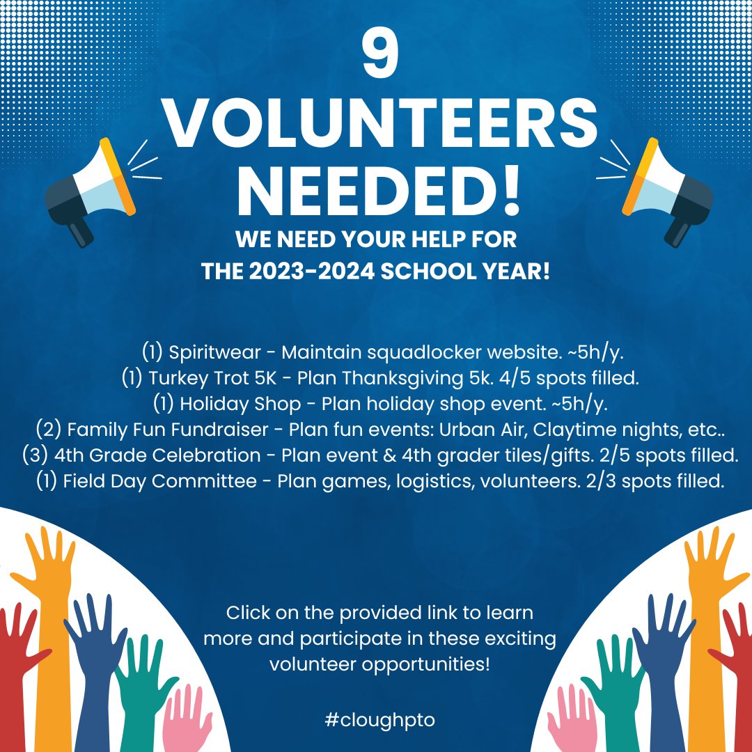 CloughPTO's tweet image. We are looking for a few good volunteers, including one more volunteer for the @HPClough Turkey Trot 5K on Thanksgiving! Please see the link below for committee volunteer opportunities for the 2023/2024 school year!
signupgenius.com/go/9040b4baba9…