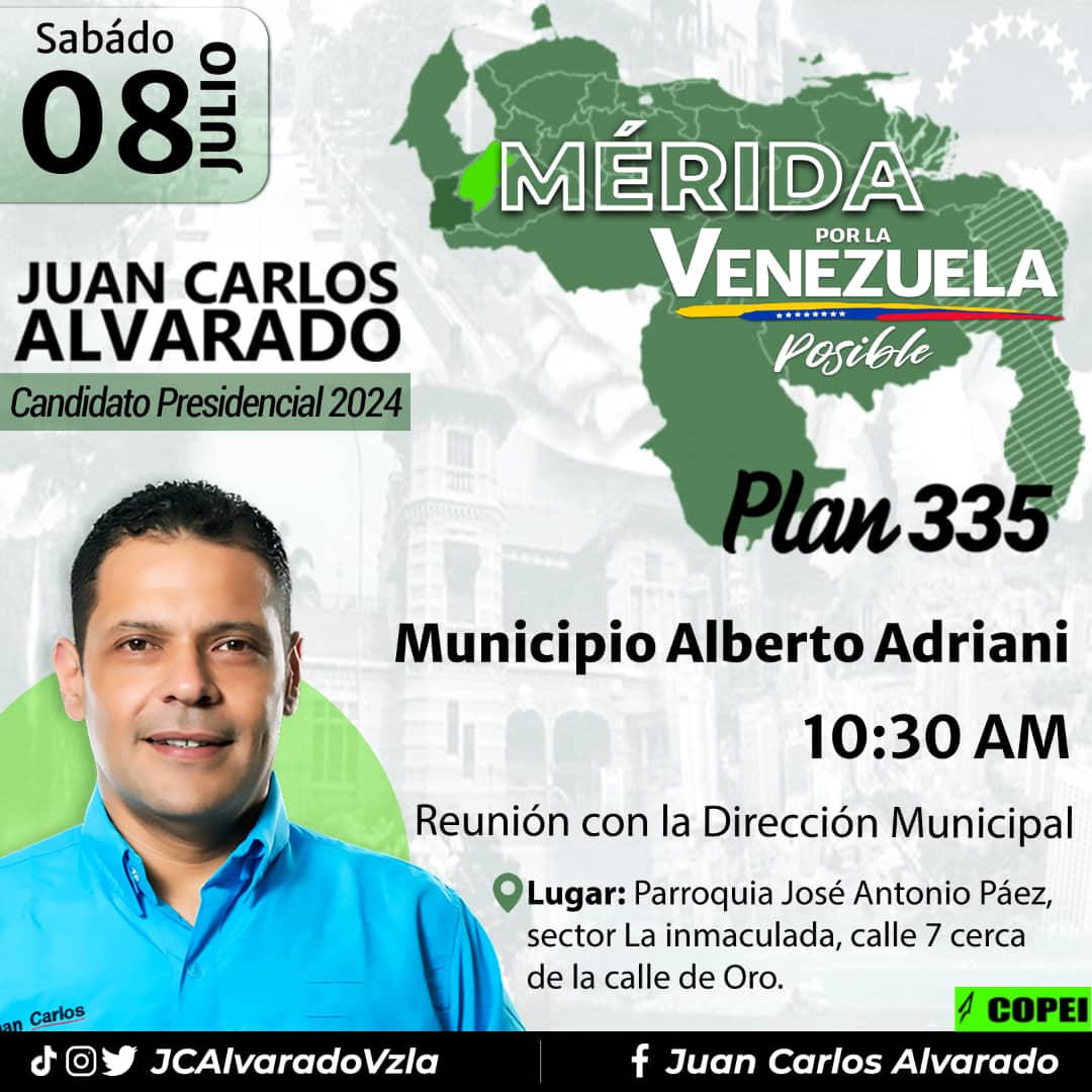 ¡Continúa el #Plan335 en #Mérida! En este segundo día de actividades, nuestro candidato presidencial @JCAlvaradoVzla sostendrá un encuentro con los representantes de la Dirección Municipal de #AlbertoAdriani de la ciudad de El Vigía. Avanzamos #PorLaVenezuelaPosible.