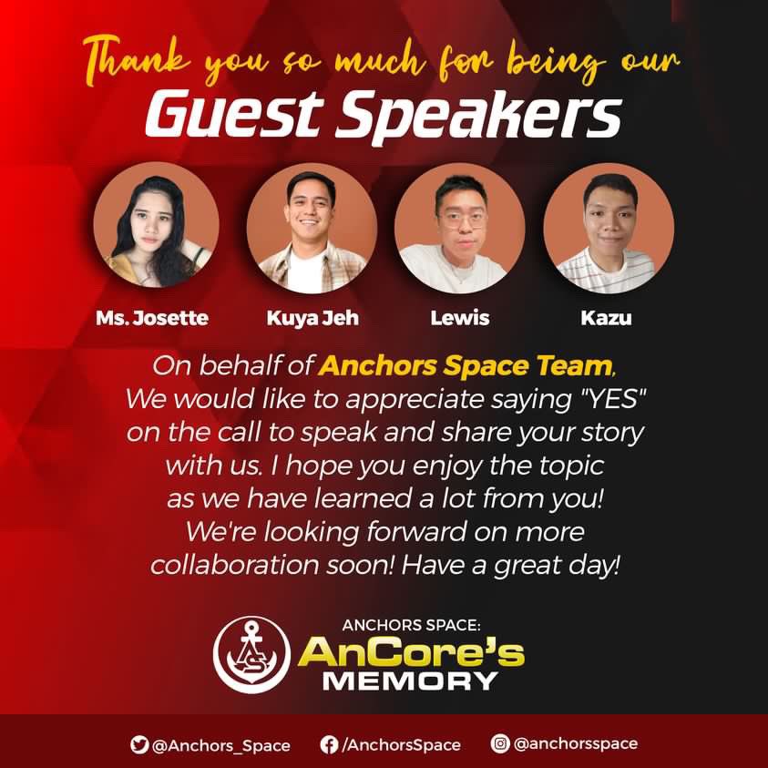 To our core speakers @iamjsttpnd @itsmejeh1501 @madebylewisx @arthei_ , thank you for sharing your insights and stories for tonight’s Ancores Memory. We definitely learned a lot. Kamsahamnidaaaaaa! 💜

#AnCoresMemory_Ep4
#AngerManagement
#RestInSpace
#AnchorsSpace