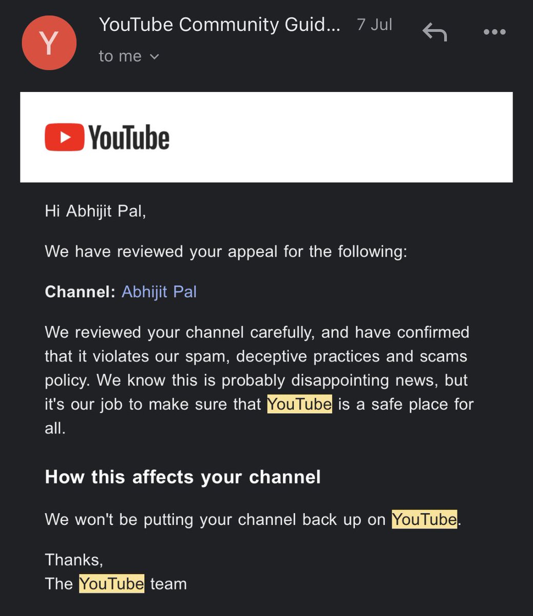 Abhijit687's tweet photo. Hello, @YouTubeIndia @TeamYouTube @YouTubeCreators may I know why you have rejected my appeal to get my channel back? I only used to watch videos on that channel and there are no public videos, then why the appeal is rejected?
Channel Link: https://t.co/M0C2mjxmFH
#help #youtube https://t.co/rpGmM4R96d
