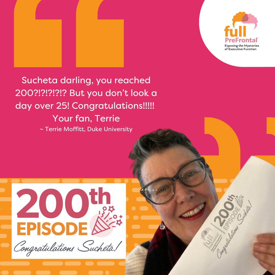Full PreFrontal Podcast (@fullprefrontal) on Twitter photo <a href="/FullPreFrontal/">Full PreFrontal Podcast</a> podcast guest, Terrie Moffitt, had this to say to <a href="/SuchetaKamath/">Sucheta Kamath</a> about our upcoming ✨200th episode✨. Revisit her episode 184: Executive Function, Stressful Lives, and Health Decisions fullprefrontal.com/1080614/104807…
#200thepisode #podcastdiva
#executivefunction <a href="/FullPreFrontal/">Full PreFrontal Podcast</a> podcast guest, Terrie Moffitt, had this to say to <a href="/SuchetaKamath/">Sucheta Kamath</a> about our upcoming ✨200th episode✨. Revisit her episode 184: Executive Function, Stressful Lives, and Health Decisions fullprefrontal.com/1080614/104807…
#200thepisode #podcastdiva
#executivefunction