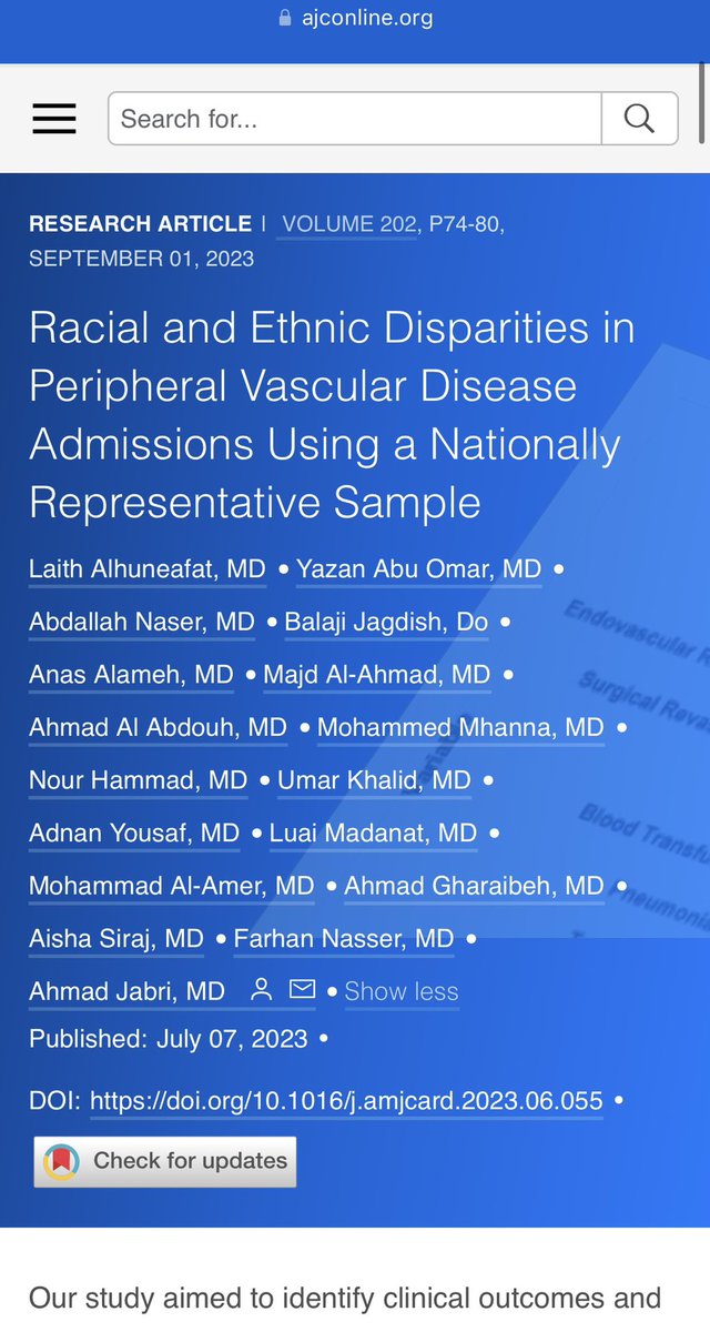 Thrilled to share our paper that highlights racial and ethnic disparities in peripheral vascular disease

<a href="/LAlhuneafat/">Laith Alhuneafat</a> <a href="/AhmadJabri8/">Ahmad Jabri MD , FACC, FSCAI</a> <a href="/BalajiJagdishDO/">Balaji Jagdish, DO</a> <a href="/AHNIMres/">AHNIMres</a> 

ajconline.org/article/S0002-…