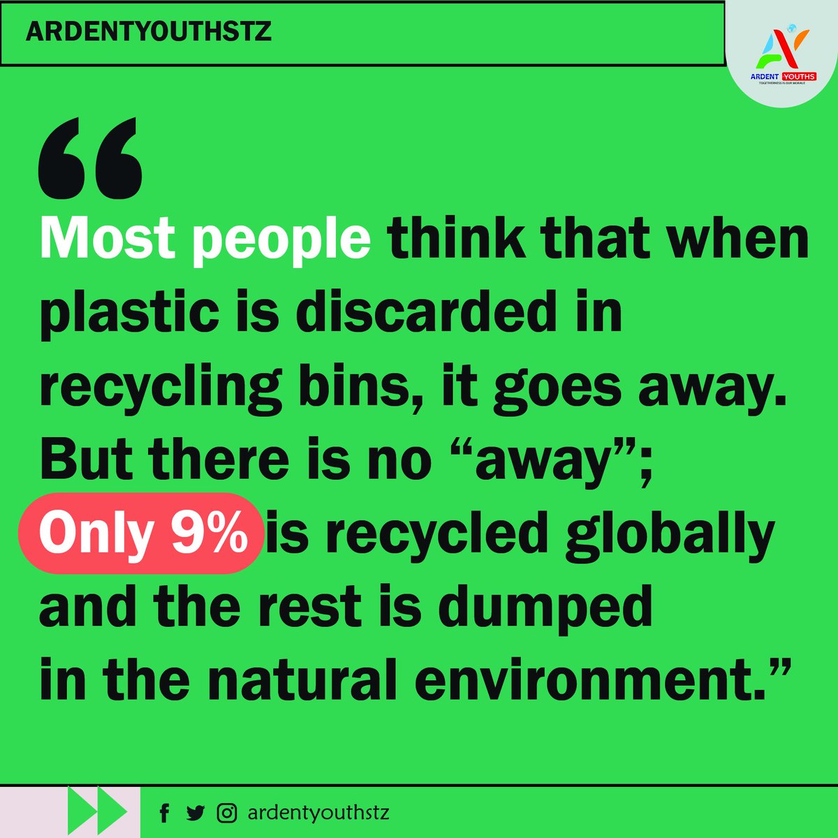 Most people think that when plastic is discarded in recycling bins, it goes away. But there is no 'away'. Only 9% is recycled globally and the rest is dumped in the natural environment.

#ZeroPlastic #Recycling #ReUse #4Rs #sustainablecommunities #ArdentYouths #Sustainability