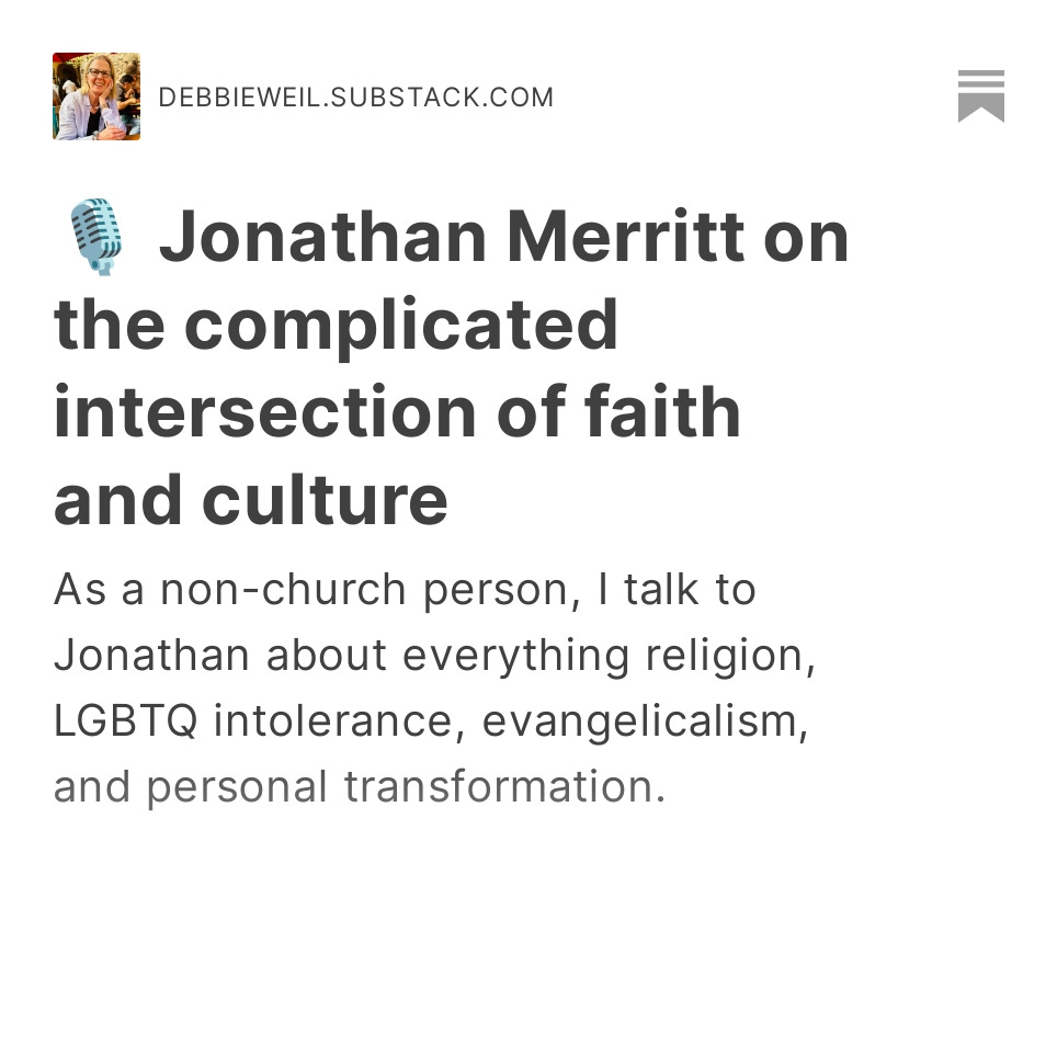 Debbie Weil 🎤 (@debbieweil) on Twitter photo In which I talk to the brilliant <a href="/JonathanMerritt/">Jonathan Merritt</a> about everything religion. I'm a non-church person but it's okay to go to church, he tells me, even if you're not a believer, per se. That's a relief. debbieweil.substack.com/p/religion-any… In which I talk to the brilliant <a href="/JonathanMerritt/">Jonathan Merritt</a> about everything religion. I'm a non-church person but it's okay to go to church, he tells me, even if you're not a believer, per se. That's a relief. debbieweil.substack.com/p/religion-any…