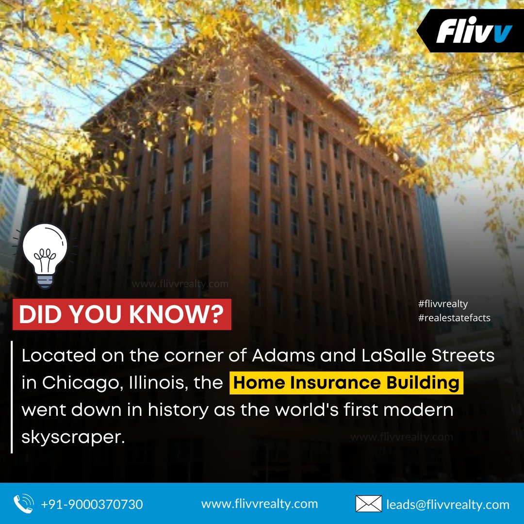 Flivv's tweet photo. Located on the corner of #Adams &amp; #LaSalle Streets in #Chicago, #Illinois, the Home Insurance Building

Follow us for more interesting facts
@Flivv

#FlivvRealty #RealEstate #RealEstateFacts #Facts #RealEstateNews #InterestingFacts #HomeInsuranceBuilding #SkyScraper #Architecture https://t.co/n6P1wFmpYT