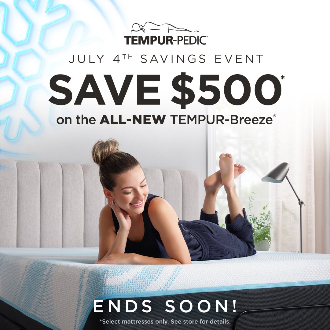 RoomsforLess's tweet photo. Summer savings have never been cooler. Don’t miss the final days to save $500 on ALL-NEW TEMPUR-Breeze® mattresses at Rooms for Less. The July 4th Savings Event is your chance to save on the support and pressure relief you expect from Tempur-Pedic®. https://t.co/u0YgWWnL0y