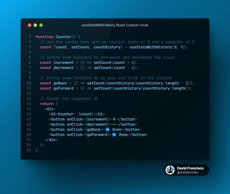 daidaicodes's tweet photo. π£ React Custom Hooks Series: useStateWithHistory π£
π₯ The useStateWithHistory custom hook is a game-changer for your React app!
#juniordeveloper #juniordev #reactjsdevelopers #100DaysOfCode #Reactjs #reactnative #javascript #webdev #CustomHooks #UndoRedo #useStateWithHistory https://t.co/te32jIkbQX