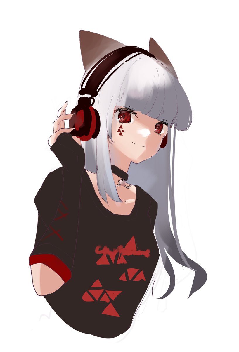 1girl solo headphones red eyes long hair animal ears white background  illustration images