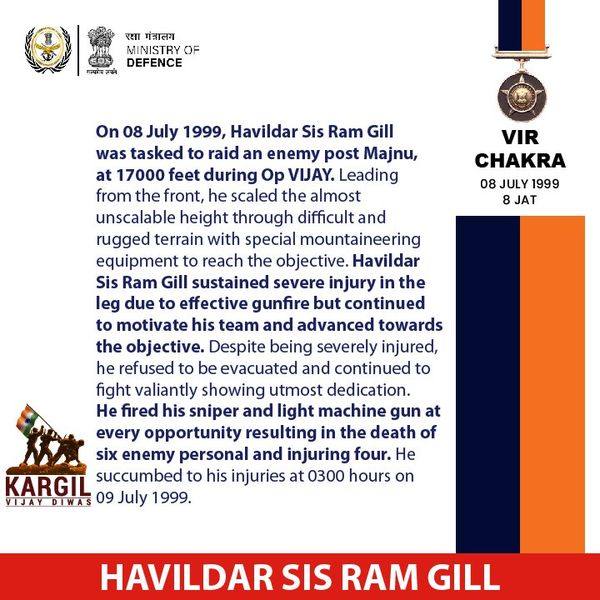 GallantryAward's tweet image. During Op VIJAY, Havildar Sis Ram Gill of 8 JAT was tasked to raid the enemy post Majnu at 17000 feet in J&amp;amp;K. For displaying acts of gallantry in the presence of the enemy, he was awarded #VirChakra (Posthumous)
#JATRegiment 
#kargilwar #kargilwar1999 #Kargil #kargilvijaydiwas