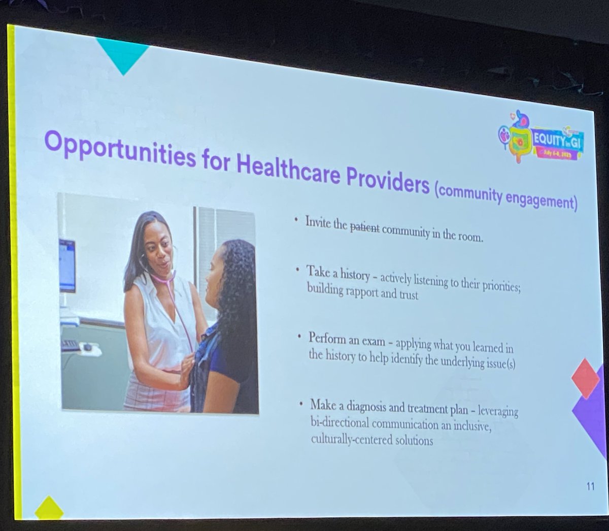 temarahajjat's tweet photo. ➡️Dr. Darrell Gray: How to advocate for #minoratized patients
➡️Look beyond the chart➡️patient might have social restrictions that made them late to the clinic
➡️Actively listen 👂🏽
➡️Improve Pipeline: Mentor&Sponsor more #black practioners
#EIGI2023 #EquityinGI @DMGrayMD https://t.co/1r2r30HMM2
