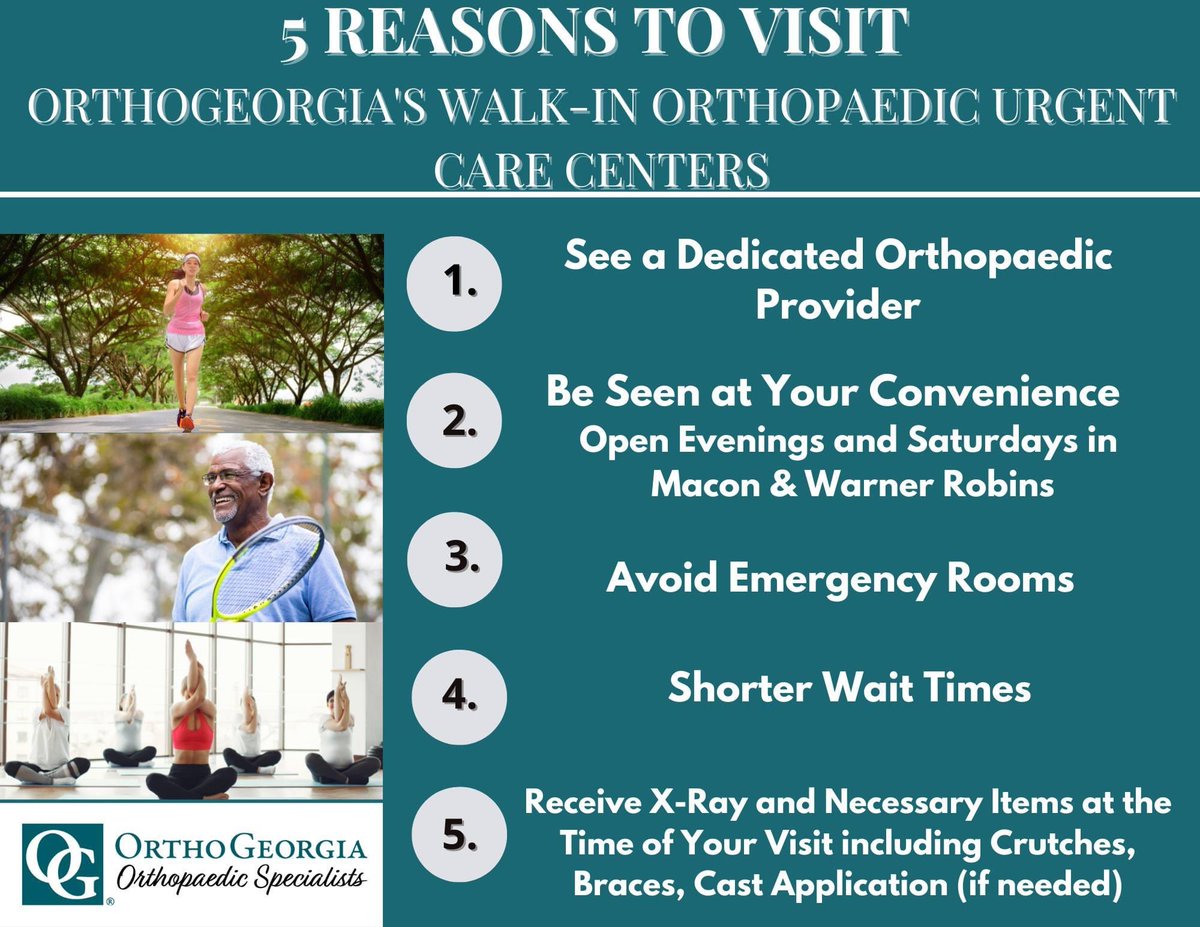 Why visit OrthoGeorgia's Orthopaedic Urgent Care Centers?
Open Saturdays 9-1
Learn more, orthoga.org/services/ortho…

#orthopedics #orthopedicinjury #orthopedicinjurycare #maconga #warnerrobinsga #walkinswelcome #noappointmentsneeded #herewhenyouneedus