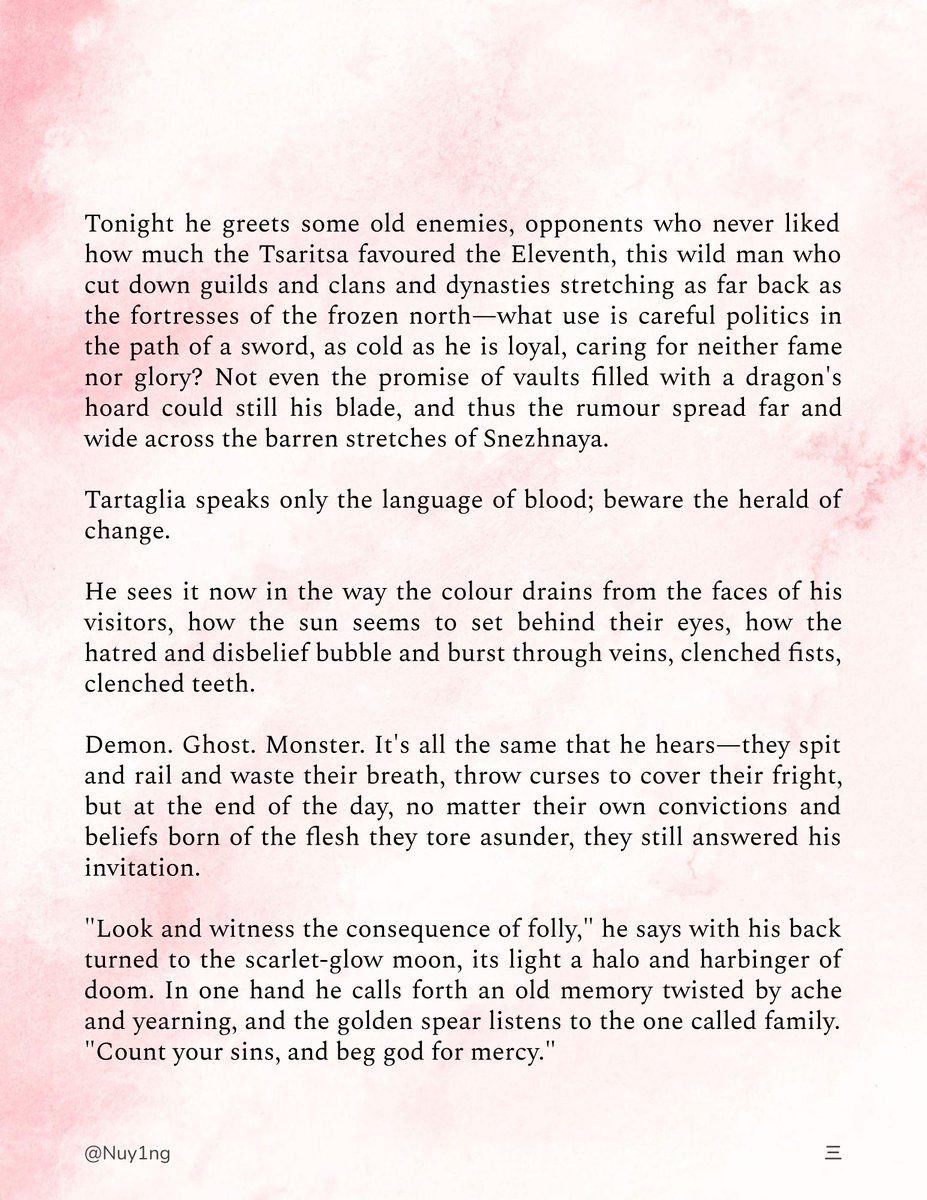 Nuy1ng's tweet photo. 三
#NarwhalsAndLapisZine
#Tartali #タル鍾 #公钟

The senseless loss of his husband drives one ex-harbinger to the edges of the world. What is justice to he who speaks only the language of blood?

※ Blood/gore, MCD

Collab and art by @1ss1k1_gn

📖: https://t.co/syj60sFJYI https://t.co/XGLarZN6Wi