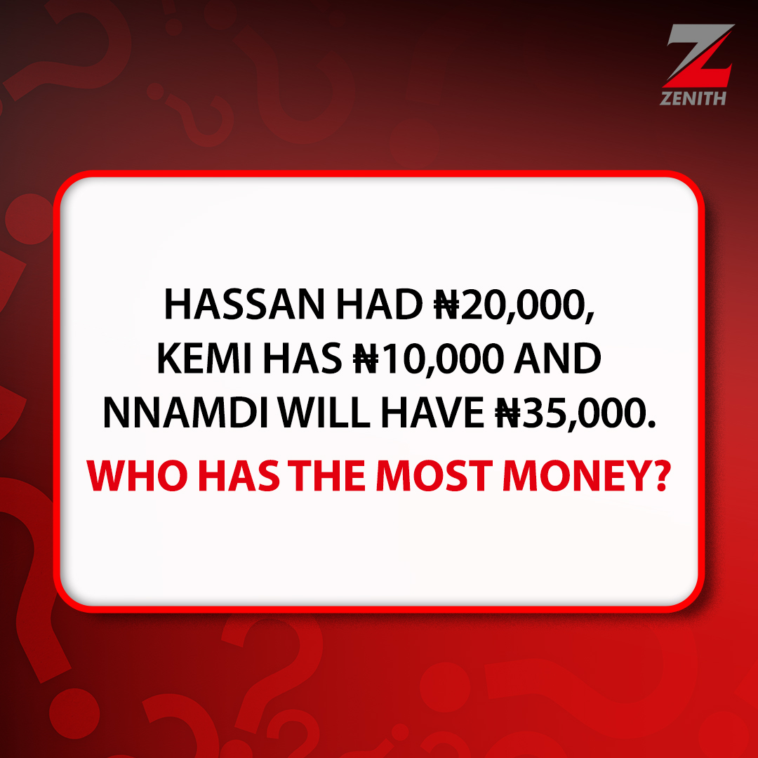 ZenithBank's tweet photo. Tell us in the comments. 

#ZenithBank #ZenithCares #Saturday #Weekend #Eazybanking #BankWithUs #ZMoney #ZenithBankIsBack #BrainTeaser #rainyday https://t.co/ZqS3FWVQ23