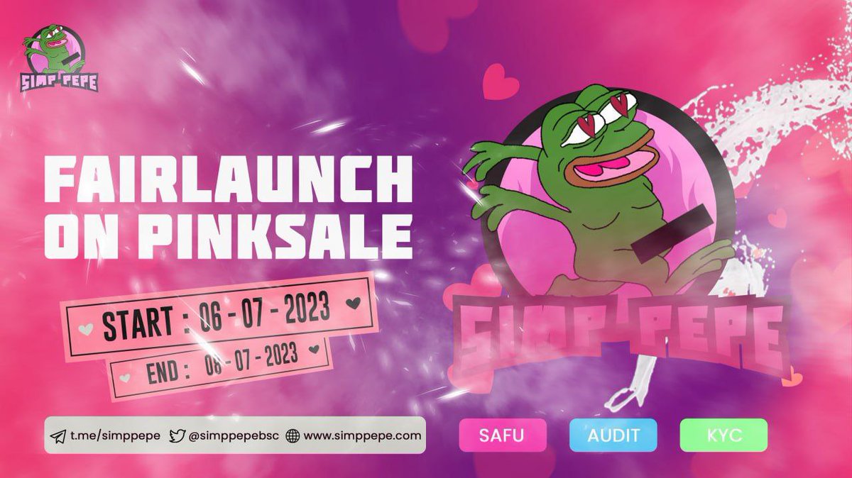 $SIMPPEPE 🔶🔶 - #FAIRLAUNCH Is Live And Only 3 Hours Left ! 🫶

✅ No Private Sale 
📈 5% Buy/Sell Tax 
🪙 CMC/CG Fast Tracked 🦎
🔥 Tier 1 CEX Listings Confirmed 
✅ Incubated by Tier 1 Marketers

Presale Link🚀 : pinksale.finance/launchpad/0x46…