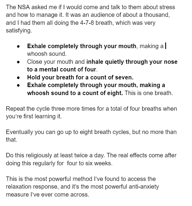 FrederikNeckar's tweet photo. 4-7-8 breath, the method Dr. Weil taught NSA staff:

"The most powerful anti-anxiety measure I’ve ever come across.

Do this religiously at least twice a day. The real effects come after doing this regularly for 4-6 weeks." https://t.co/O62QEmHRq0
